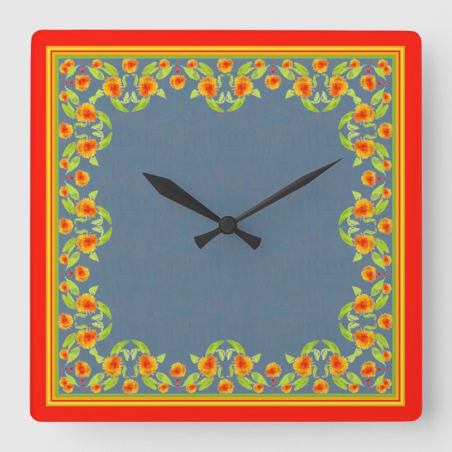 Country Style Marigolds Border on Indigo Blue Square Wall Clock (Front)
