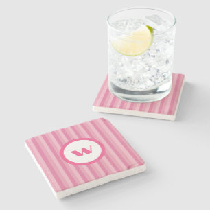 Country-Style Pink Striped Monogram Stone Coaster