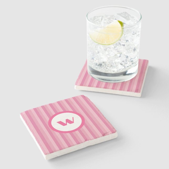 Country-Style Pink Striped Monogram Stone Coaster (Side)