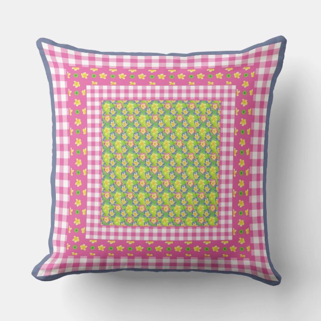 Country-style Primroses and Gingham Cushion (Front)