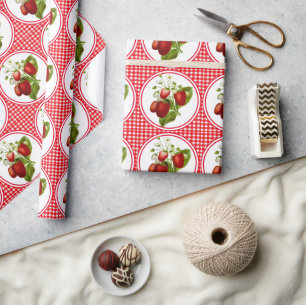 Country Style Red Gingham and Strawberry Pattern Wrapping Paper