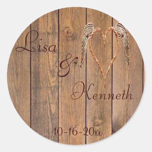 Country Style Rustic Angel Wings Wedding Classic Round Sticker (Front)