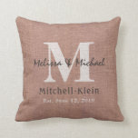 Country Style Wedding Monogram Faux Burlap Cushion<br><div class="desc">Easily add your the couple's names,  monogram and wedding date to this elegant faux burlap pillow.  
Note:  If you add additional text fields,  drag them below the top most layer so that the burlap overlay applies to all aspects of the design.  The top layer is a transparent burlap texture.</div>