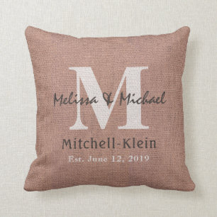 Country Style Wedding Monogram Faux Burlap Cushion
