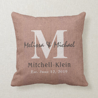 Country Style Wedding Monogram Faux Burlap Cushion