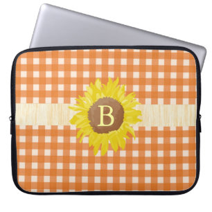 Country style yellow plaids, sunflower, monogram laptop sleeve