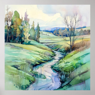Country Summer Landscape Watercolor Poster