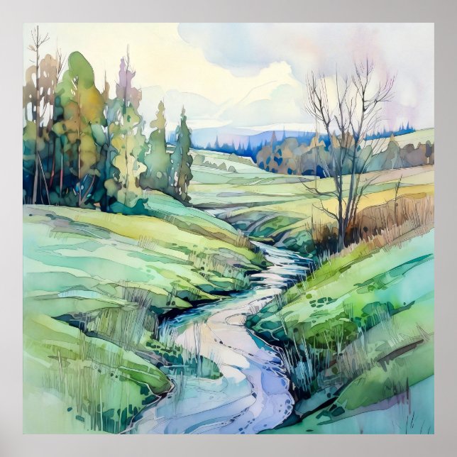 Country Summer Landscape Watercolor  Poster (Front)