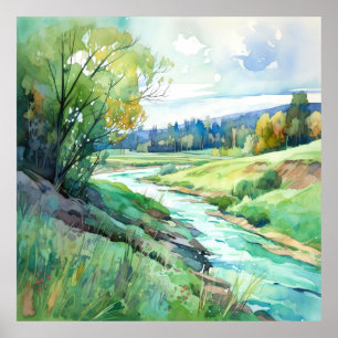 Country Summer Landscape Watercolor  Poster