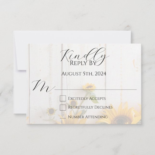 Country Sunflower and Rustic Barn Wood Wedding RSVP Card (Front)