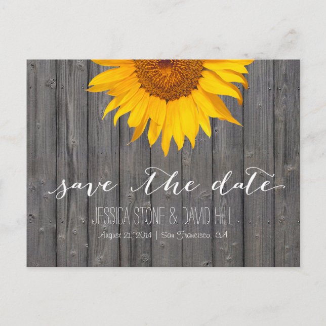 Country Sunflower Barn Wood Wedding Save the Date Announcement Postcard (Front)