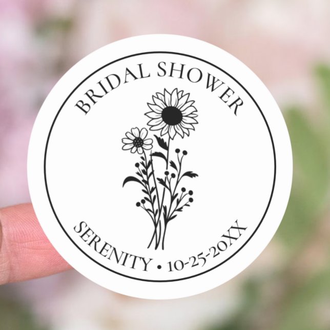 Country Sunflower Black White Floral Bridal Shower Classic Round Sticker (Creator Uploaded)