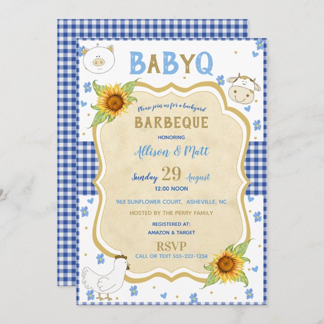 Country Sunflower Blue Gingham Baby Q Barbecue Invitation (Front/Back)