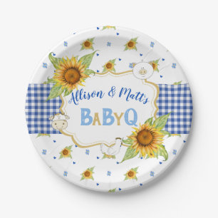 Country Sunflower Blue Gingham Baby Q Barbeque Paper Plate