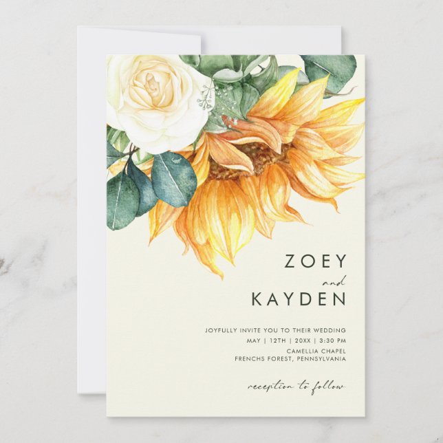 Country Sunflower Bouquet Cream All In One Wedding Invitation (Front)