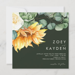 Country Sunflower bouquet Green Square Wedding Invitation