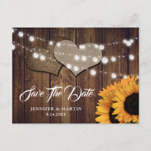 Country Sunflower Burlap Hearts Barn Wood Wedding Postcard