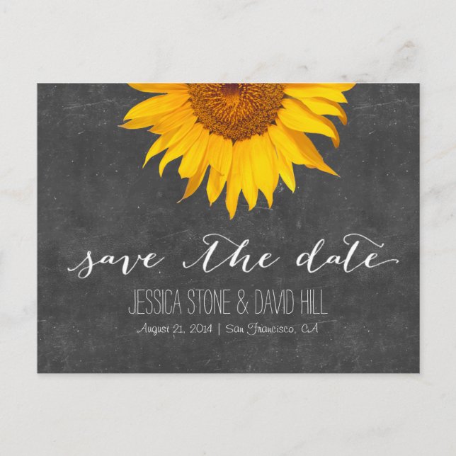 Country Sunflower Chalkboard Wedding Save the Date Announcement Postcard (Front)