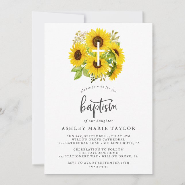 Country Sunflower Cross Baptism Invitation (Front)