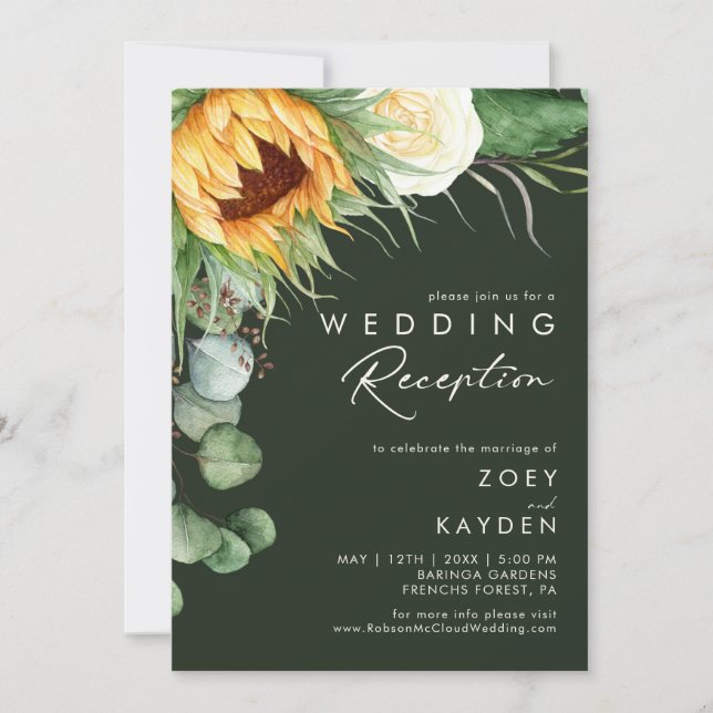 Country Sunflower | Dark Green Wedding Reception Invitation (Front)