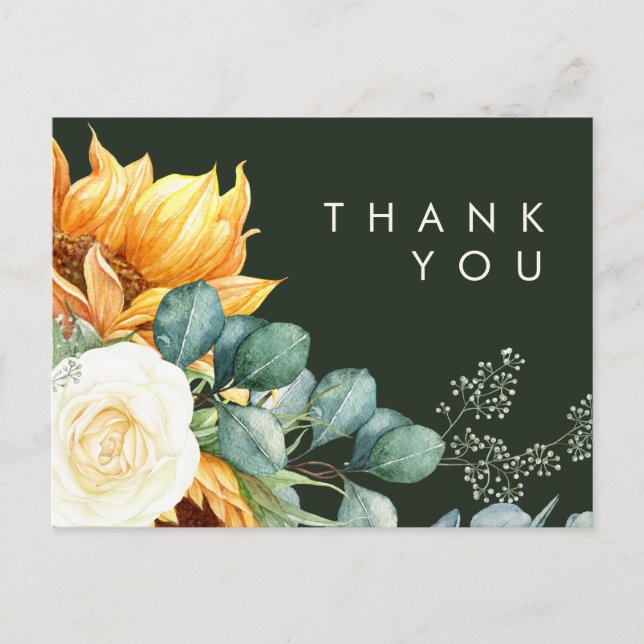 Country Sunflower | Dark Green Wedding Thank You Postcard (Front)