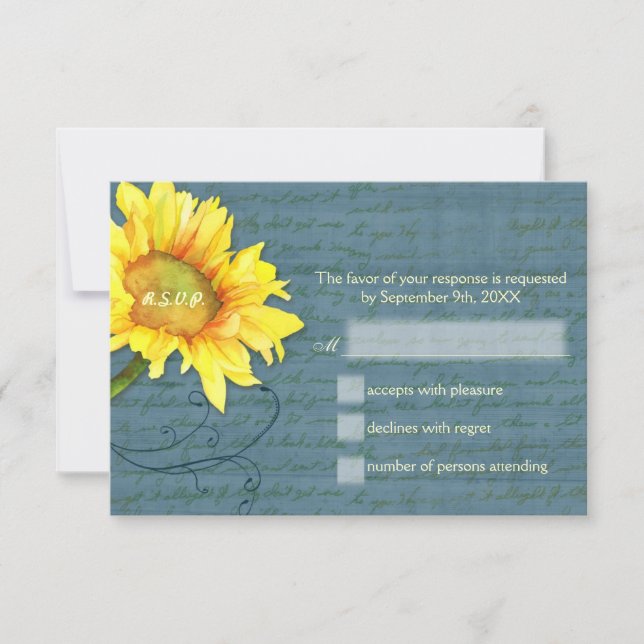 Country Sunflower Dusky Blue Wedding RSVP Card (Front)