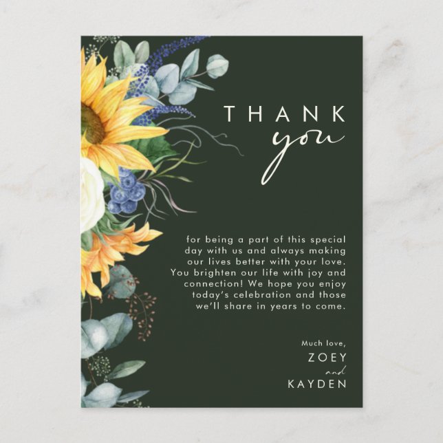 Country Sunflower Green Reception Thank You Card (Front)