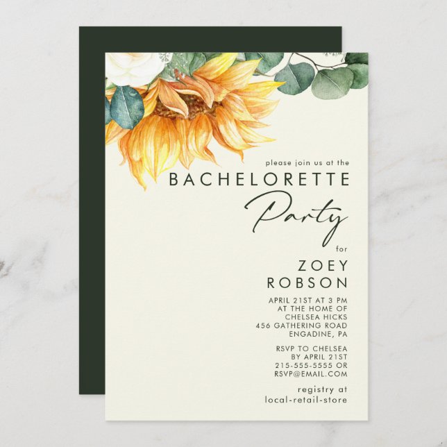 Country Sunflower Light Yellow Bachelorette Party Invitation (Front/Back)