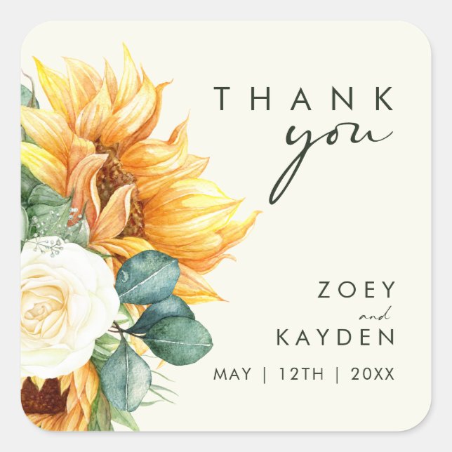 Country Sunflower Light Yellow Thank You Wedding Square Sticker (Front)