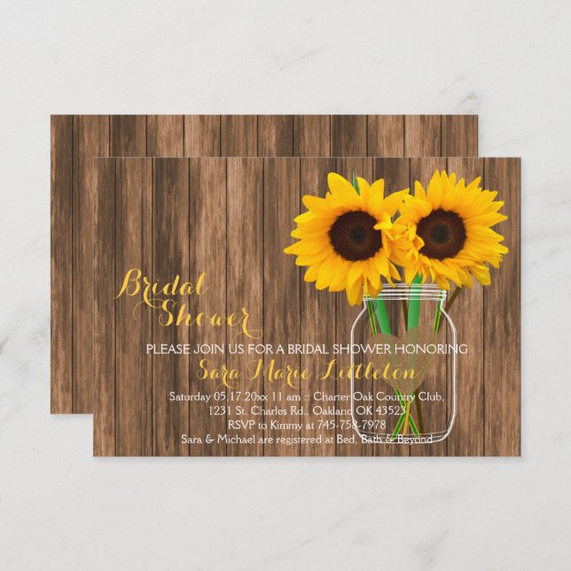 Country Sunflower Mason Jar Bridal Shower Invites (Front/Back)