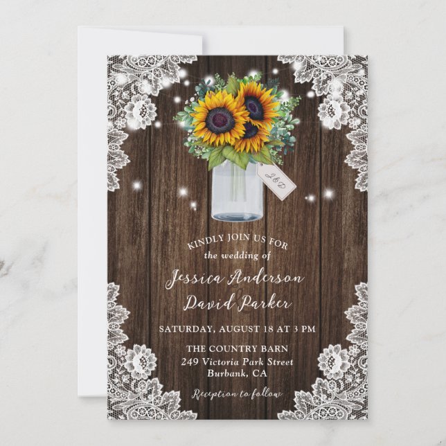 Country Sunflower Mason Jar Lace Wood Wedding Invitation (Front)