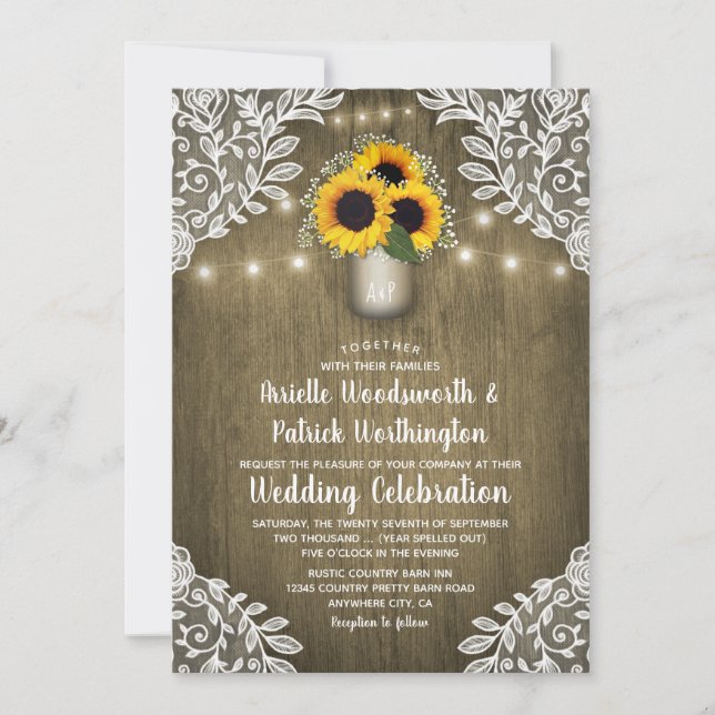 Country Sunflower Mason Jar Wedding Invitations (Front)