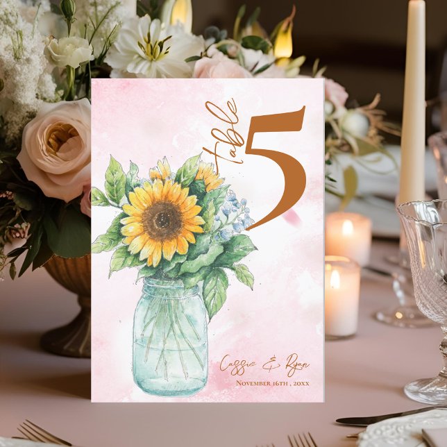 Country Sunflower Mason Jar Wedding Table Number (Country Sunflower Mason Jar Wedding Table Number)