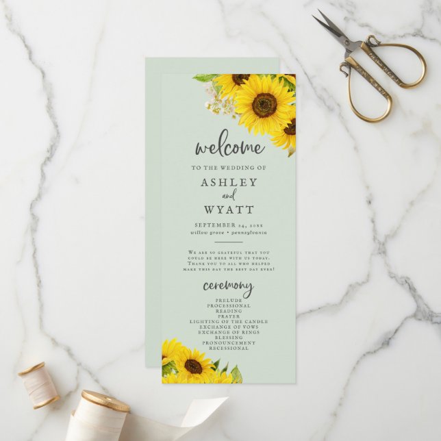Country Sunflower | Mint Wedding Program (Front/Back In Situ)