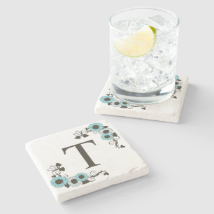 Country Sunflower Monogram Aqua Stone Coaster