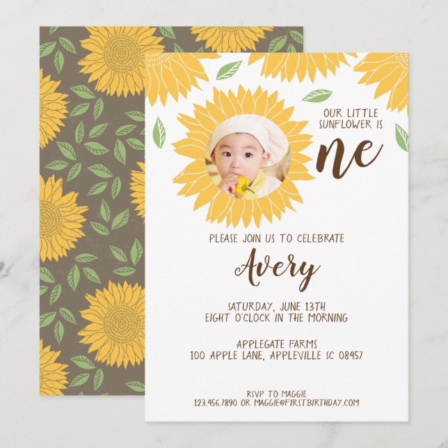 Country Sunflower Photo 1st Birthday Party Invitation (Front/Back)