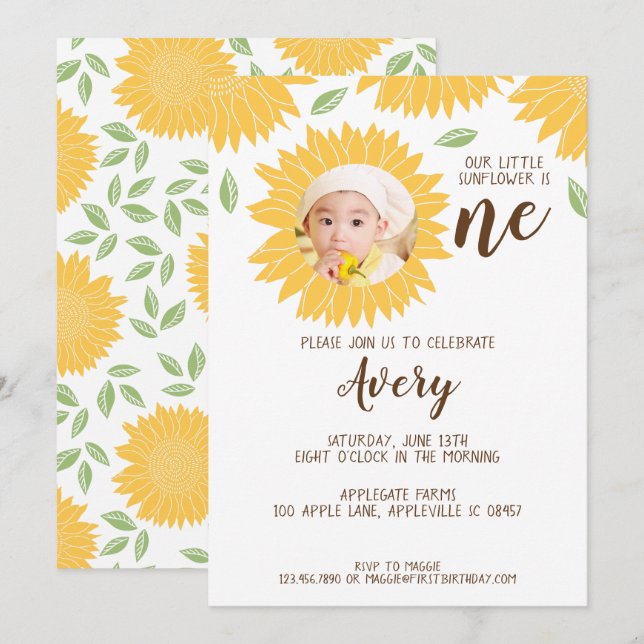 Country Sunflower Photo 1st Birthday Party Invitation
