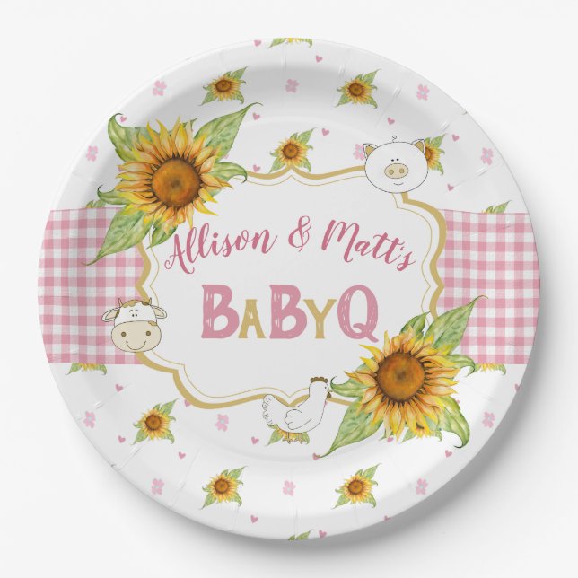 Country Sunflower Pink Gingham Baby Q Barbeque Paper Plate (Front)