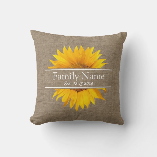 Country Sunflower Rustic Burlap Family Name Cushion (Front)