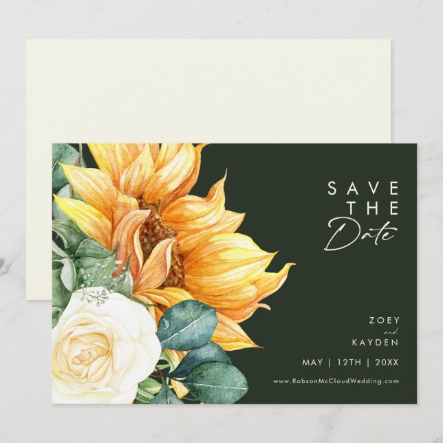 Country Sunflower Script | Dark Green Horizontal Save The Date (Front/Back)