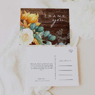 Country Sunflower Script   Wood Wedding Thank You Postcard