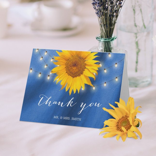Country Sunflower & String Lights Blue Thank You Card (Creator Uploaded)