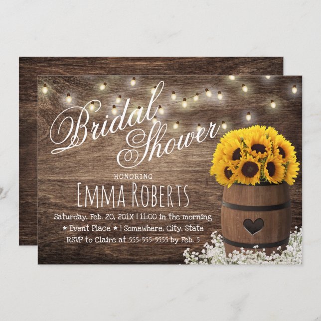 Country Sunflower & String Lights Bridal Shower Invitation (Front/Back)