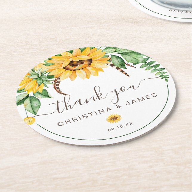 Country Sunflower Thank You Wedding Favour Round Paper Coaster (Angled)