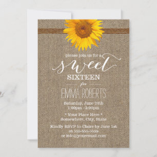Country Sunflower & Twine Burlap Sweet Sixteen Invitation