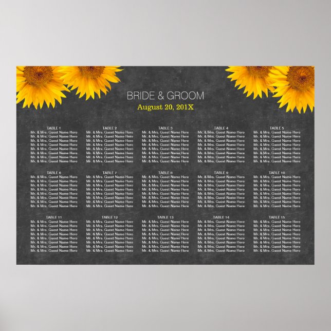 Country Sunflower Wedding 15 Tables Seating Chart (Front)