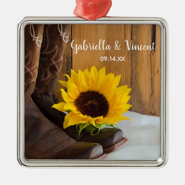 Country Sunflower Western Wedding Metal Ornament (Front)