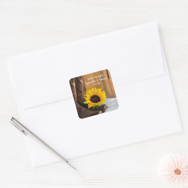 Country Sunflower Western Wedding Save the Date Square Sticker (Envelope)