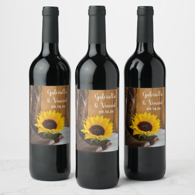 Country Sunflower Western Wedding Wine Label (Bottles)