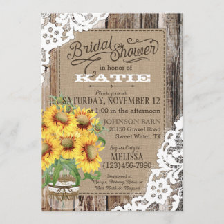 Country Sunflower Wood Lace Rustic Bridal Shower Invitation